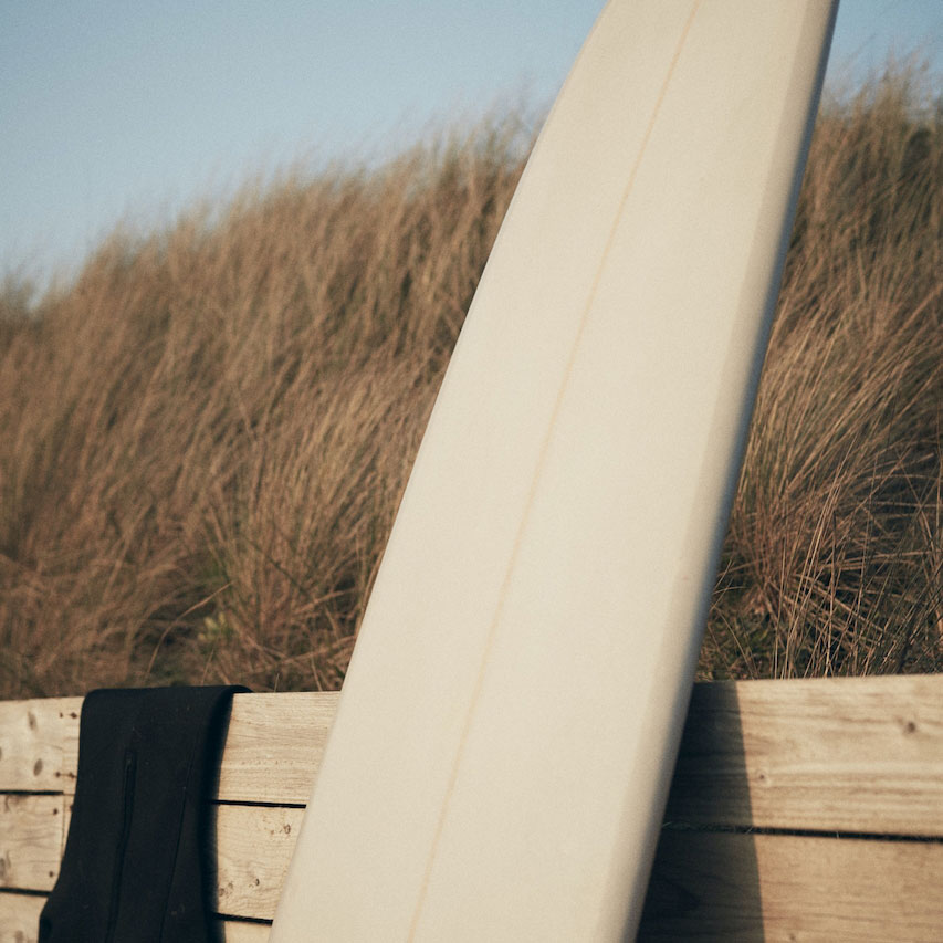 Surfboard and wetsuit in front of sea grass
